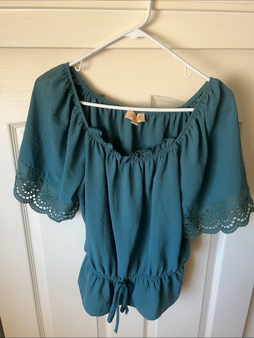 Teal Off-Shoulder Eyelet-Sleeve Blouse with Drawstring Waist